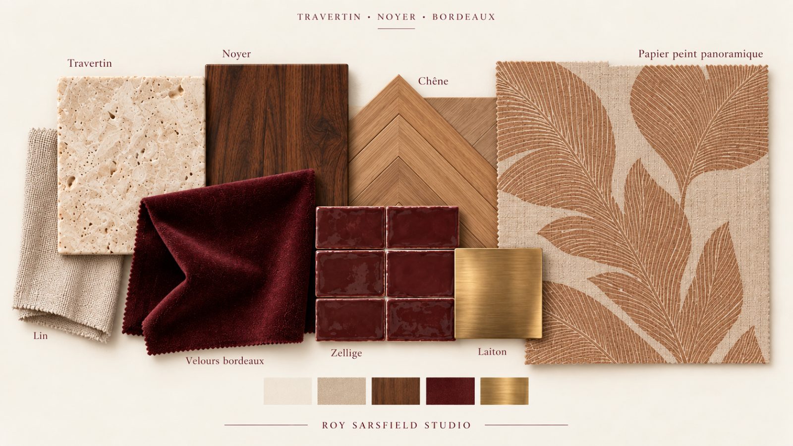 Palette de matières : travertin, lin, noyer, chêne, velours bordeaux, zellige et laiton
