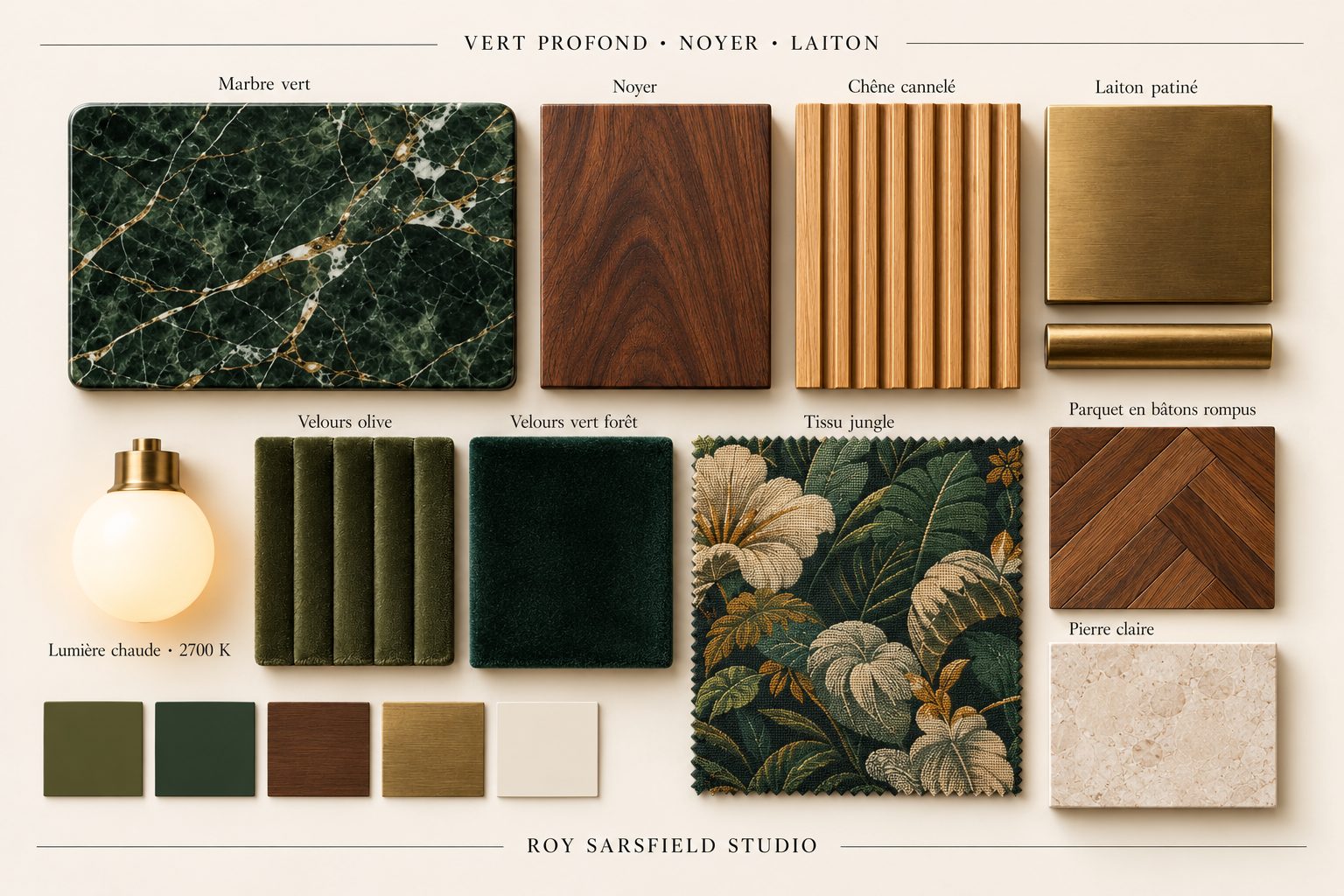Palette de matières : marbre vert, noyer, chêne cannelé, laiton patiné, velours olive et vert forêt