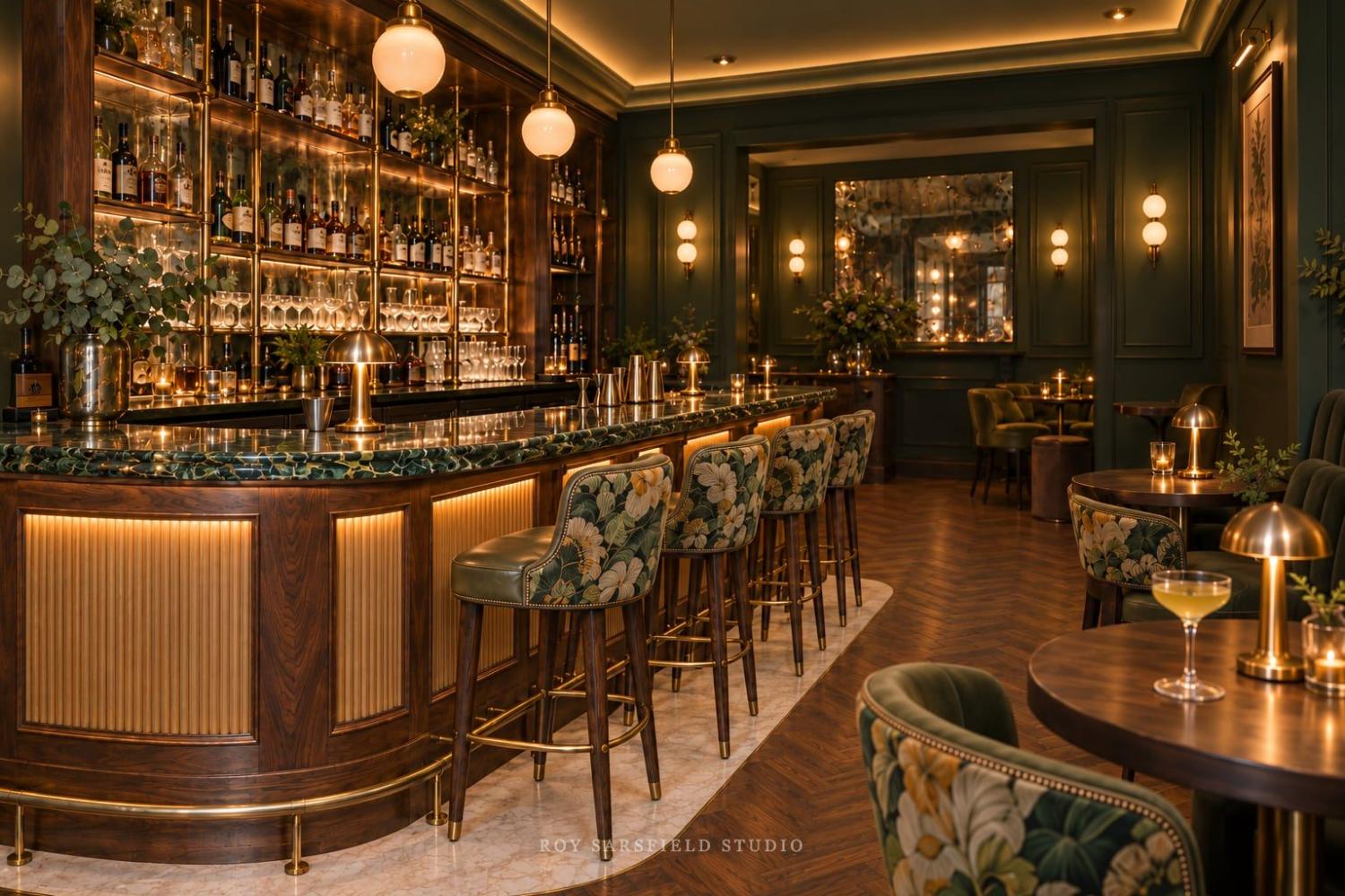 Bar à cocktails londonien : comptoir en noyer, marbre vert et banquette velours