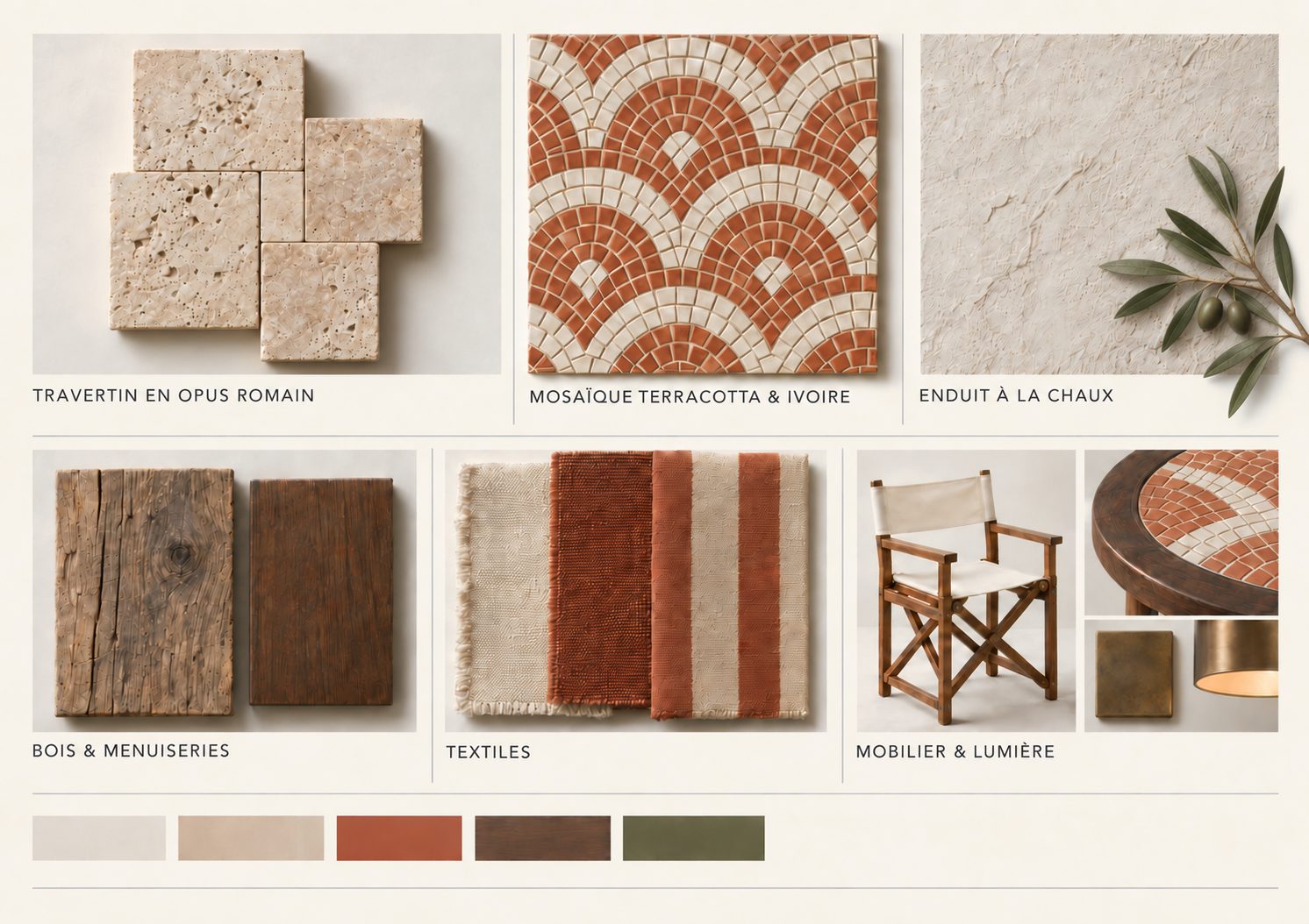 Palette de matières : travertin en opus romain, mosaïque terracotta et ivoire, enduit à la chaux, bois et textiles rayés