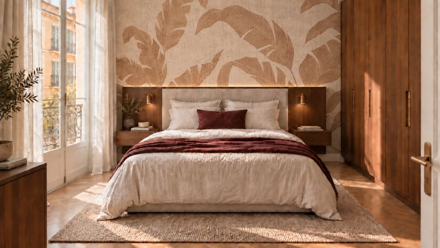 Chambre, panoramique et tête de lit en noyer