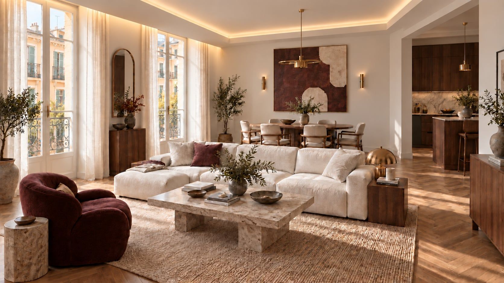Séjour en travertin et lin ivoire, appartement à Nice