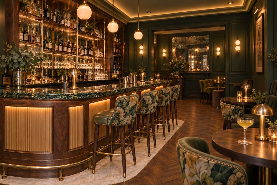 Bar à cocktails, chêne cannelé et laiton patiné, Londres