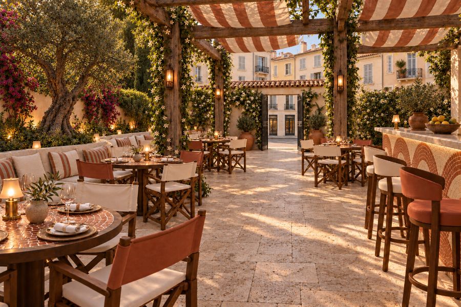 Patio de restaurant avec pergola à toiles rayées, Cannes
