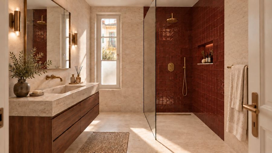 Salle de bains, zellige bordeaux et laiton