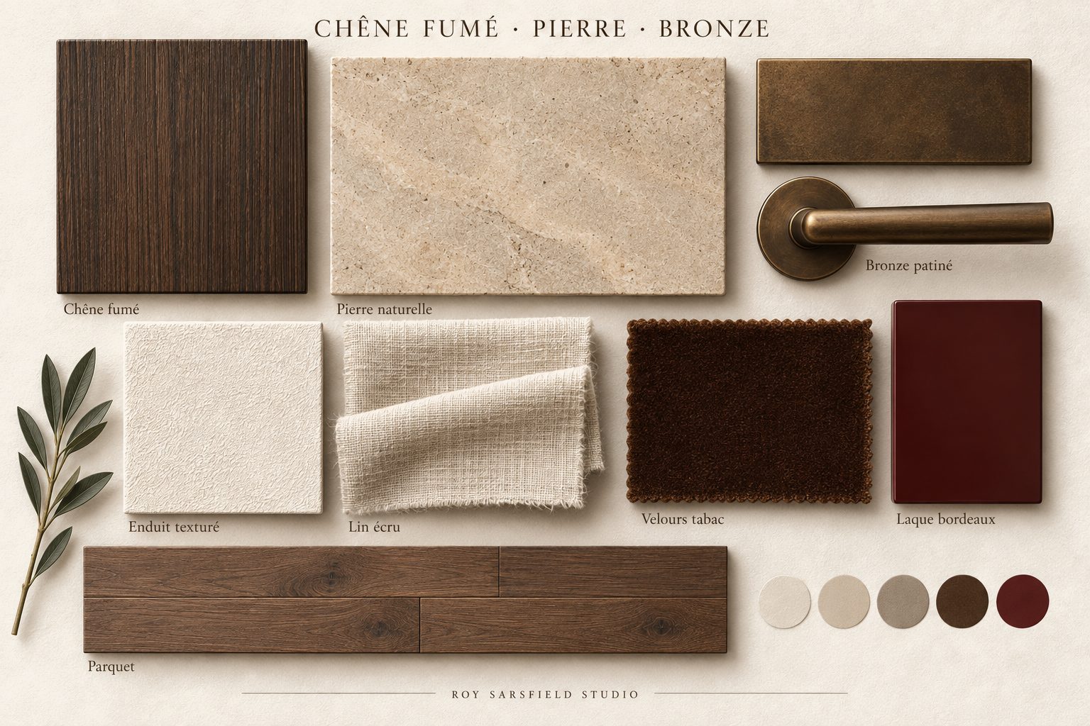 Palette de matières : chêne fumé, pierre naturelle, bronze patiné, lin écru et velours tabac